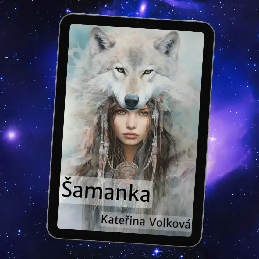 Obálka Šamanky - Šamanka s vlkem, mystická atmosféra